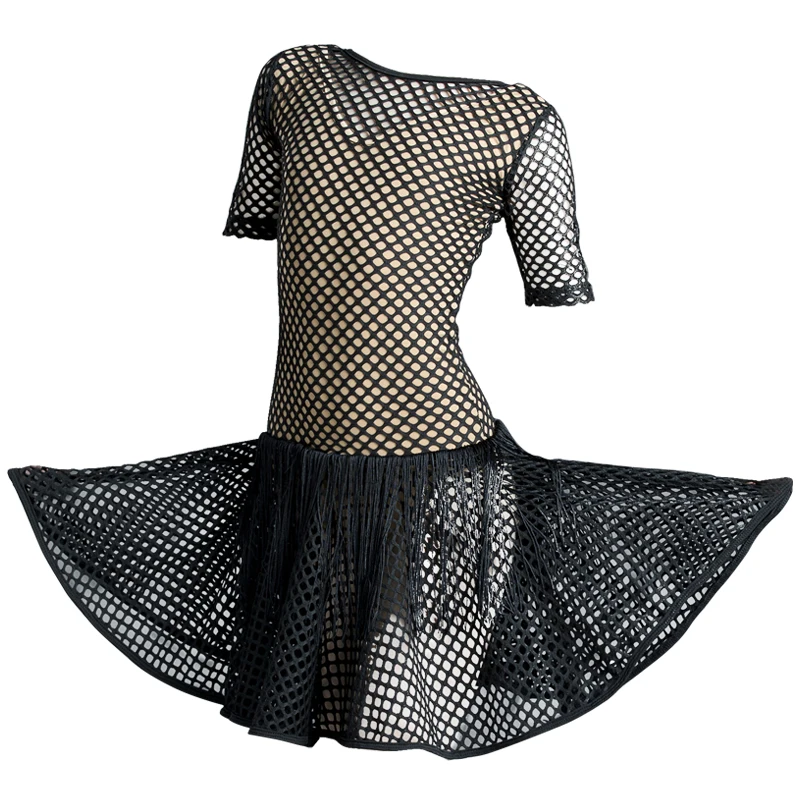 

Kids Latin Dance Dress Black Mesh Tassel Practice Dresses Girls Tango Rumba Cha Cha Samba Salsa Dancing Performance Wear DN6154