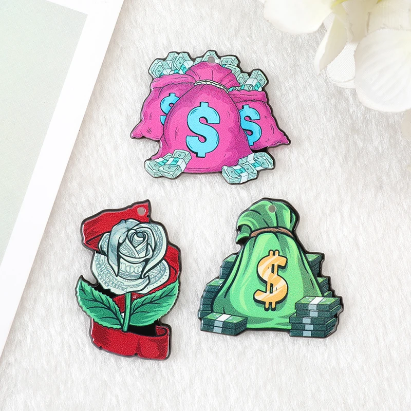 

12Pcs Rose Money Charms Dollar Bill Love Paper Money Cash Rich Acrylic Jewlery Findings For Earring Necklace Diy