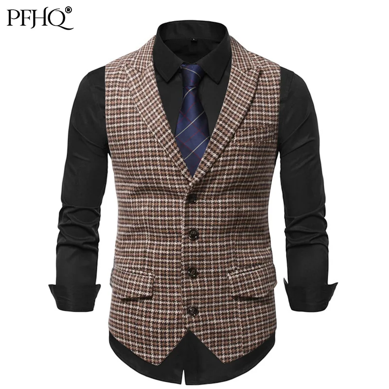 

PFHQ 2021 New Men's Fashion British Style Notched Single-breasted Plaid Slim Fit Casual Suit Vest Spring And Autumn 21D1778