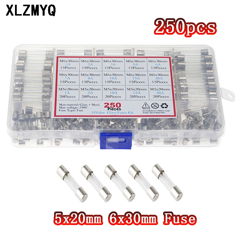 

250Pcs/box Set Kit Glass Fuses 5x20mm 6x30mm Fuse Assorted Kits Quick Blow Glass Tube Fast-blow Glass Fuses 1-20A 250v Diy Kit