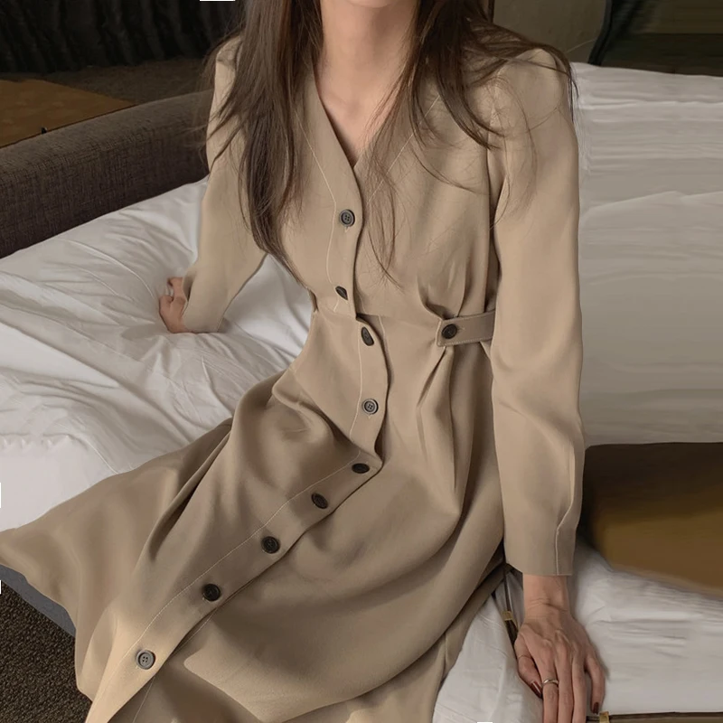

Sexy v Neck Autumn Long Sleeve Women Dress Ladies Sashes Button Casual Office Dress 2021 New Fashion Women Midi Dress Vintage