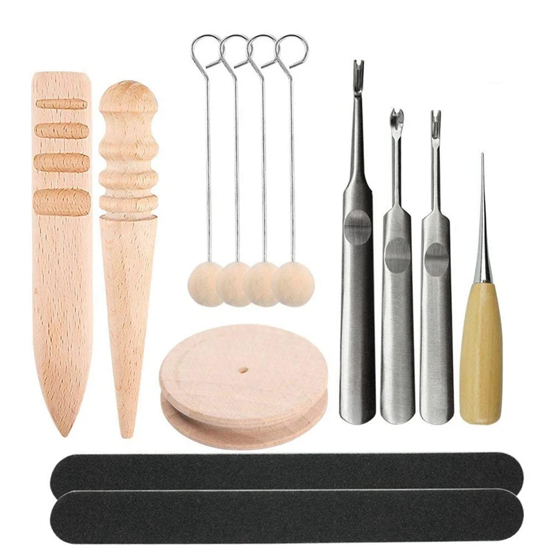 

13 Pieces Leather Craft Edge Skiving Beveler Multi-Size Solid Wood Leather Craft Edge Slicker Burnisher, Sanding Strip Wool Daub