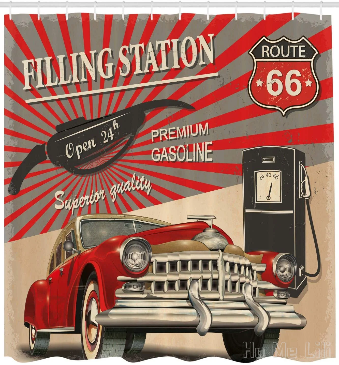 

Cars By Ho Me Lili Shower Curtain Poster Style Image Gasoline Station Commercial Route 66 Cloth Bathroom Decor Set With Hooks