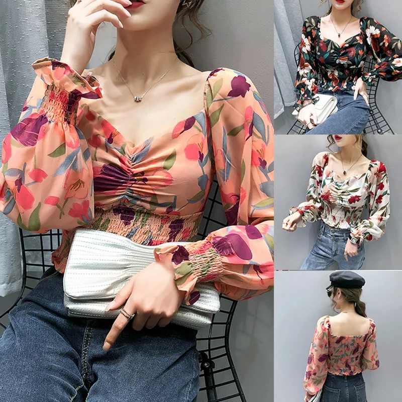 

Woman Shirts Square Collar Long Lantern Sleeve Short Shirt Floral Printed Elastic Waist Slim Chiffon Shirts