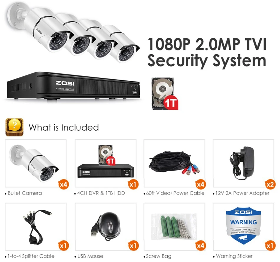 ZOSI 1080P 4-в-1 CVBS AHD CVI TVI безопасности 4ch CCTV Системы 1080P CCTV Камера 2MP видео Камера наблюдения DVR Kit 4ch HDD