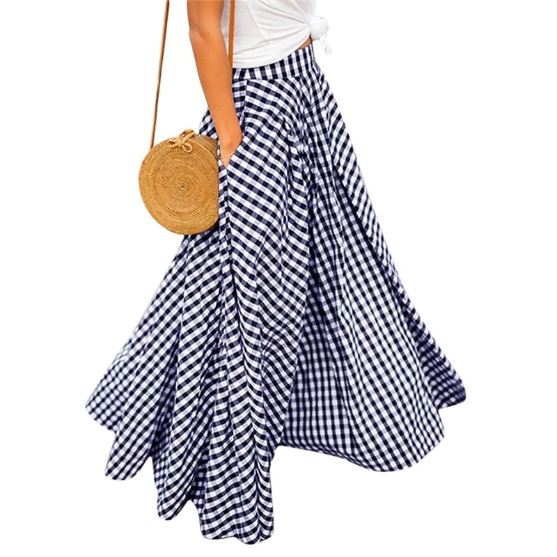 

Women Summer Vintage Literary All Match Umbrella Skirt High Waist Slim A Word Plaid Long Skirt Casual Big Swing Check Skirt