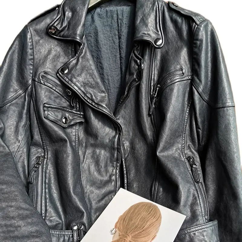 Chaquetas cortas de piel de oveja para mujer, abrigos de cuero con cinturón adelgazante, chaquetas de invierno de cuero para motocicleta