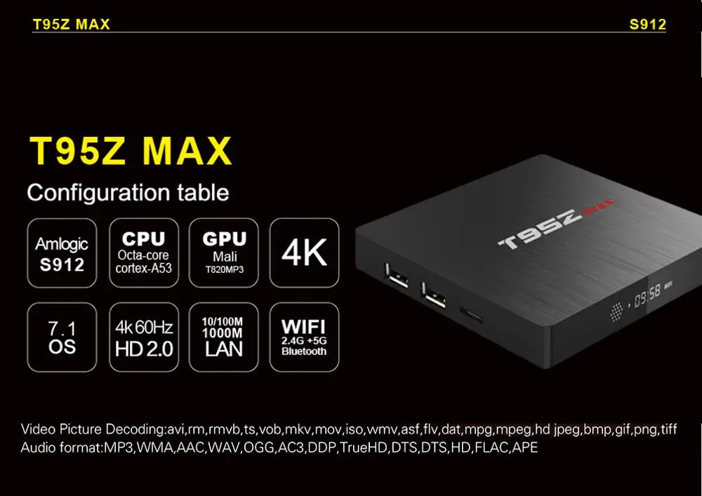 T95Z Max S912 Смарт Android 7 1 ТВ коробка 3G + 32G двухъядерный процессор Wi Fi 1000 м Bluetooth 4 0 4K HD 1000M
