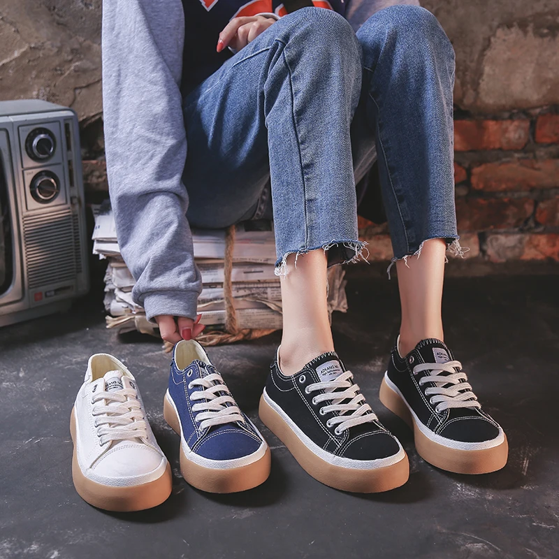 

2021 Fall New Women Solid Color Matching Sneakers Flats Shoes Canvas Lace-up Breathable Vulcanize Shoes Casual Shoes Non-slip
