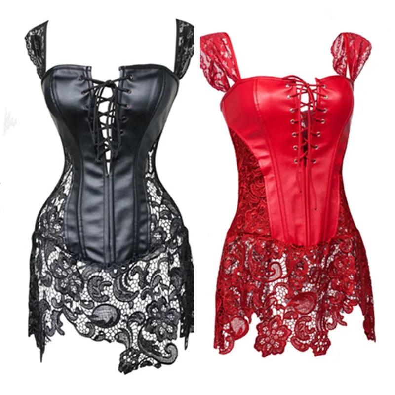 

Sexy Women Faux Leather Corset Black Lace Burlesque Steampunk Corset Dress Club Gothic Bustier Plus Size Lingerie espartilho