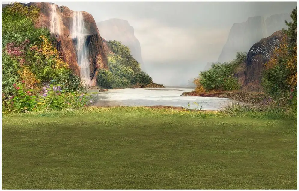 Free shipping wall paper 3 d custom mural Fresh grass pastoral waterfall nature home decor photo wallpaper in the living room |