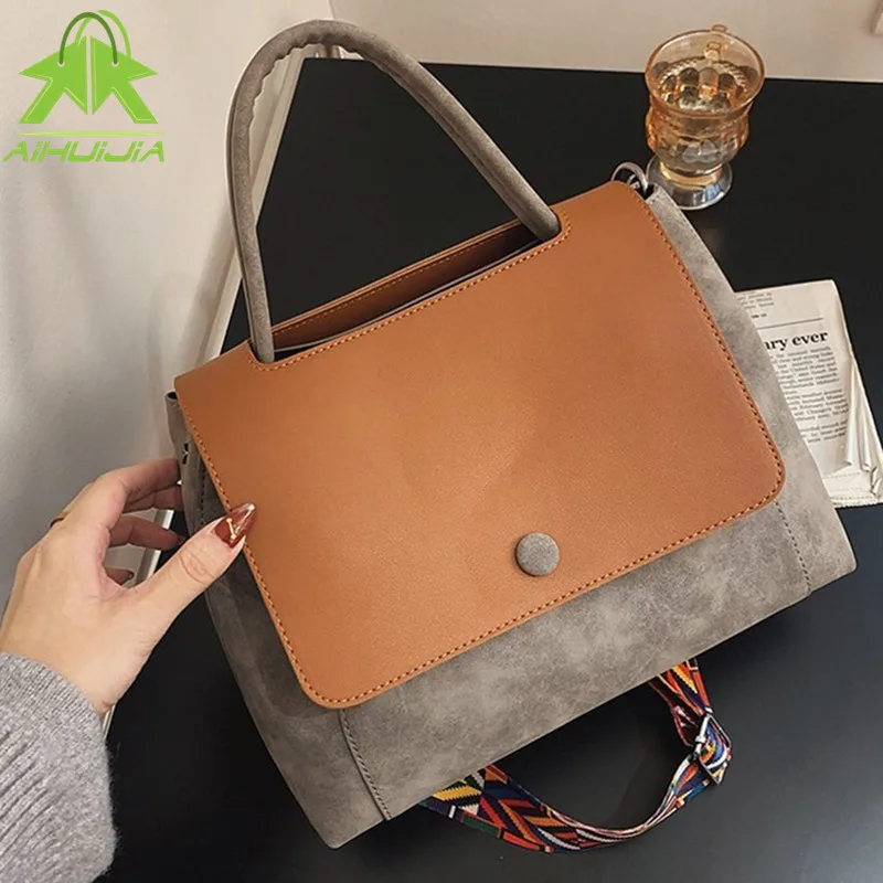 Модная простая кожаная сумка через плечо для женщин 2020 зимняя комбинированная из