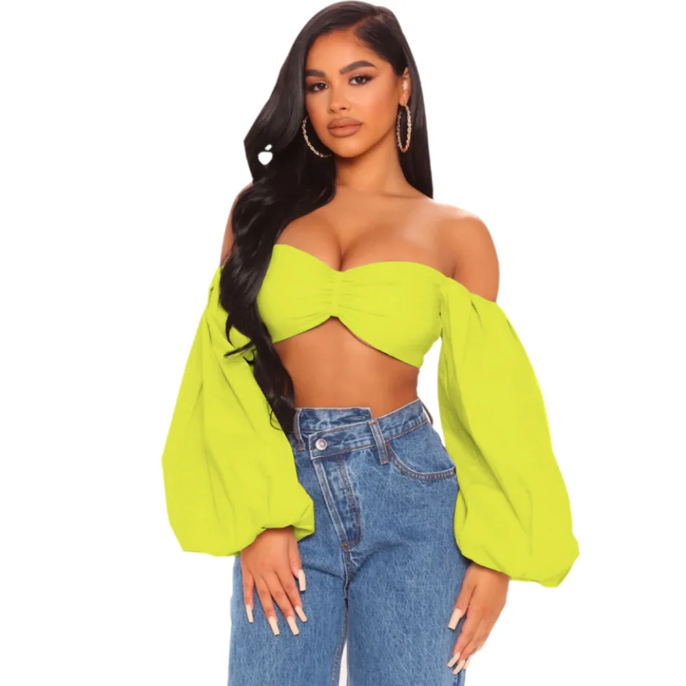 

Ladies Sexy Wrapped Chest Solid Color Nightclub Top Streetwear Summer Halter Wrapped Corset Lantern Sleeve Top