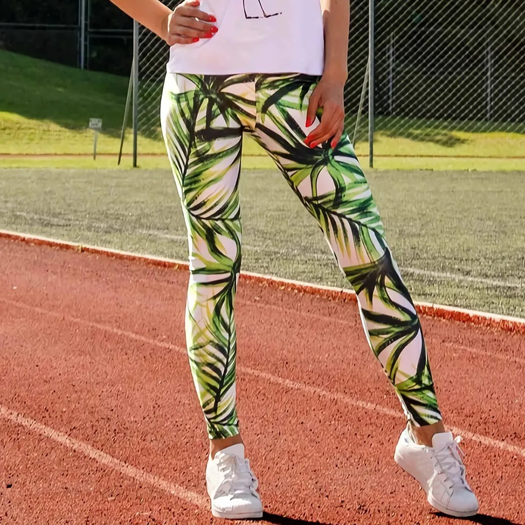

Women Digital Tropical leaves Printing Get Closer To Nature High Waist Stretch Strethcy Fitness Leggings Indoor Activities
