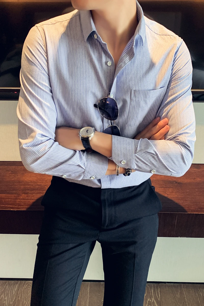 Мужская рубашка в британском стиле сезон осень-зима свободная полоску мужские