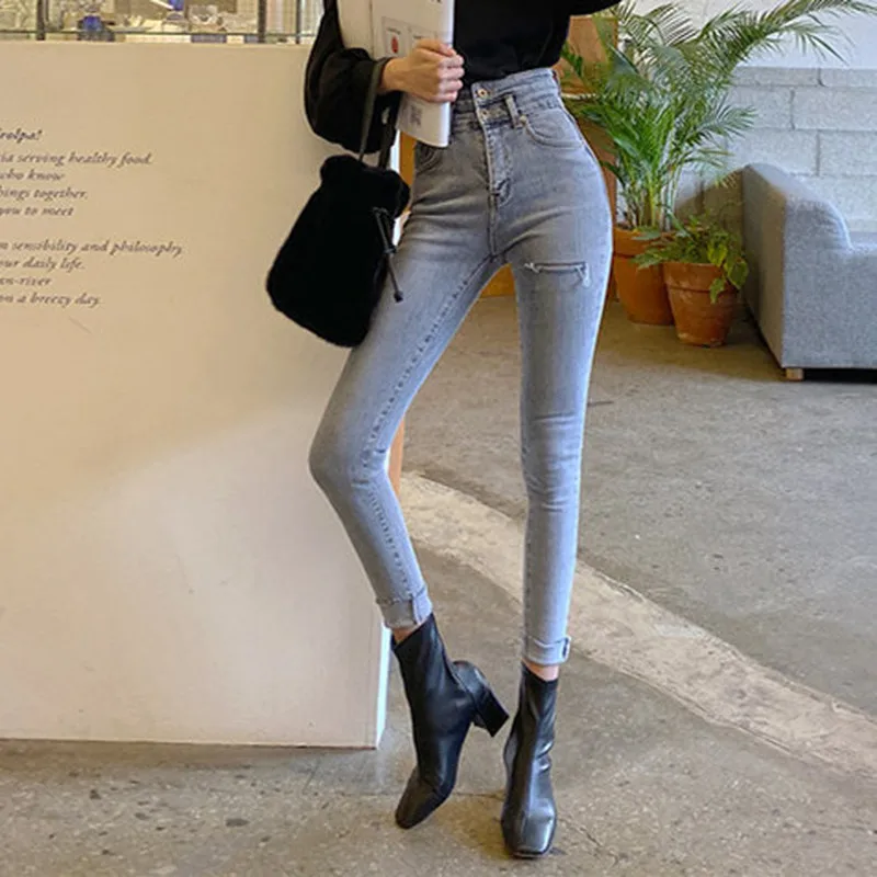 Обтягивающие джинсы с высокой талией Стрейчевые рваные женские эластичные