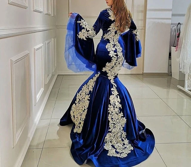 

Royal Blue Velvet Prom Dress 2021 Appliques Long Sleeve Evening Formal Party Gowns robes de soire