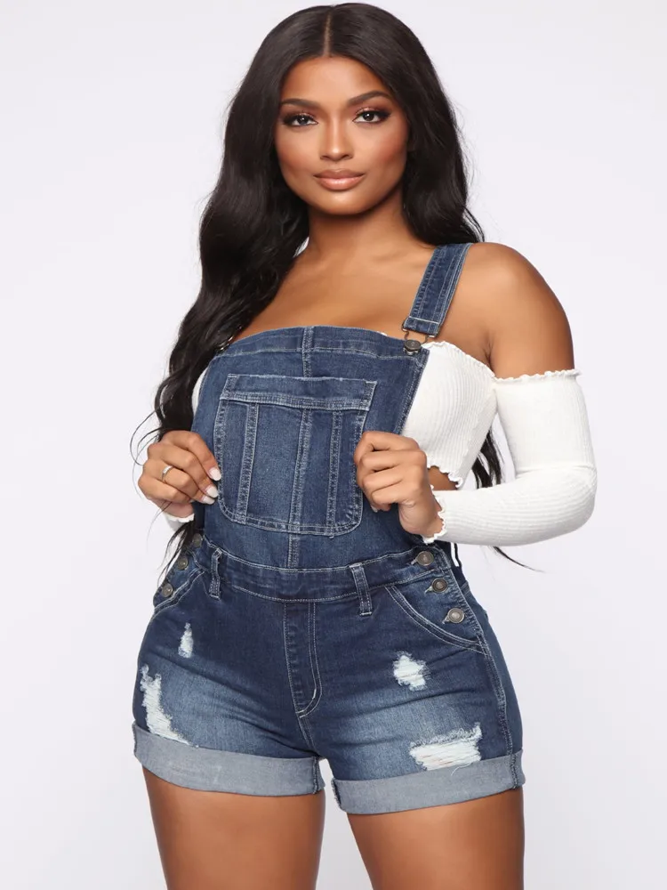 

Fashion Casual Ripped Hole Denim Overalls Women Summer Jumpsuits Ladies Denim Rompers Playsuit Salopette Straps Shorts Rompers