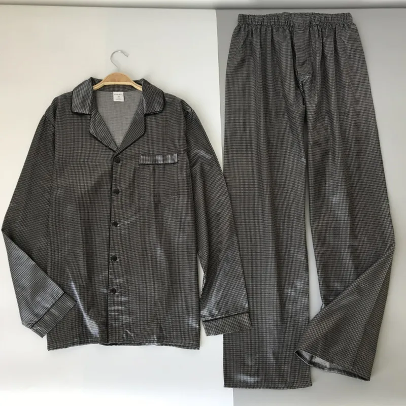 

Men's pajamas set Long sleeve silk sleep Plaid Casual Homewear
