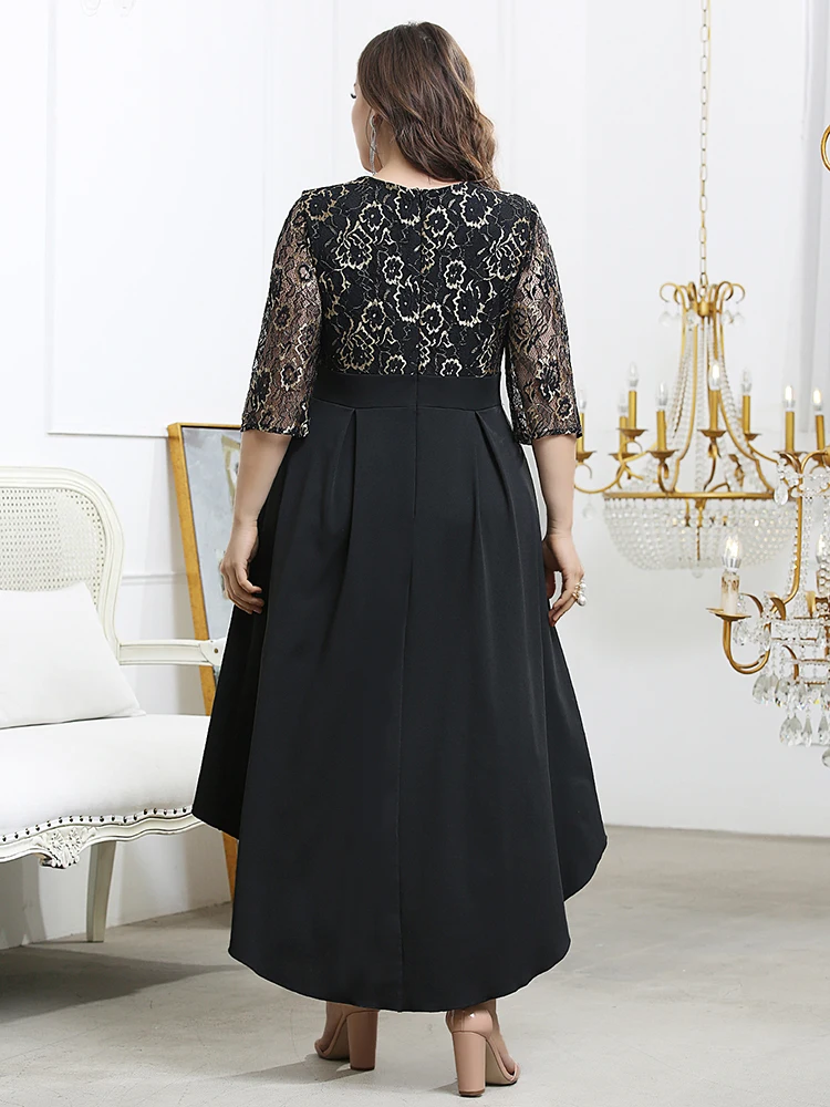 

Plus Size Half Sleeve Women Dress Black Lace A Line Party Prom Gowns High/Low Evening Occation Lady Vestidoes