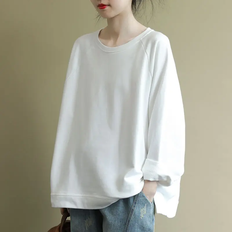 

Women 2021 Spring Autumn Fashion Long-sleeved Loose Blouses Female New Solid Color Casual Hoodies Ladies O-neck Sweatshirt W159