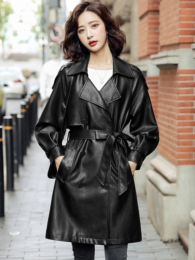 New Women Sheep Leather Trench Coat Spring Autumn Fashion Lacing Mid-Long Loose Sheepskin Jacket Stylish Outerwear Female