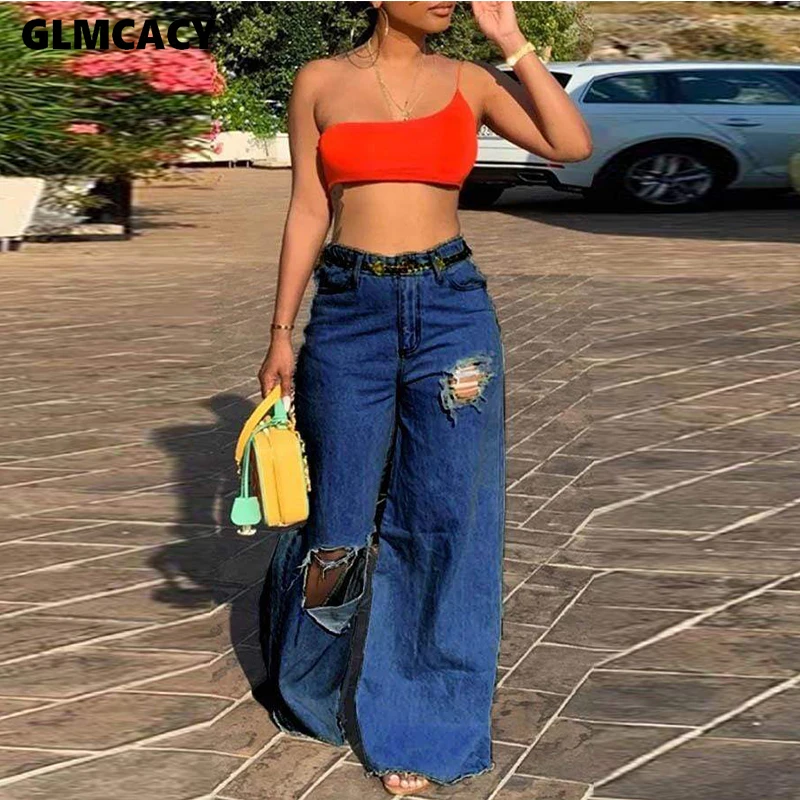 Женские джинсовые брюки с высокой талией и широкими штанинами потертостями