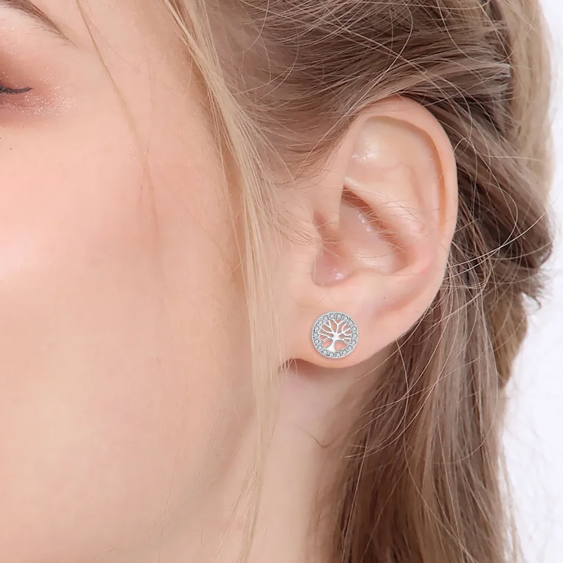 Luxury 925 Sterling Silver Stud Earrings with Rhinestone Circle Tree of Life for Women Birthday Jewelry silver earrings | Украшения и
