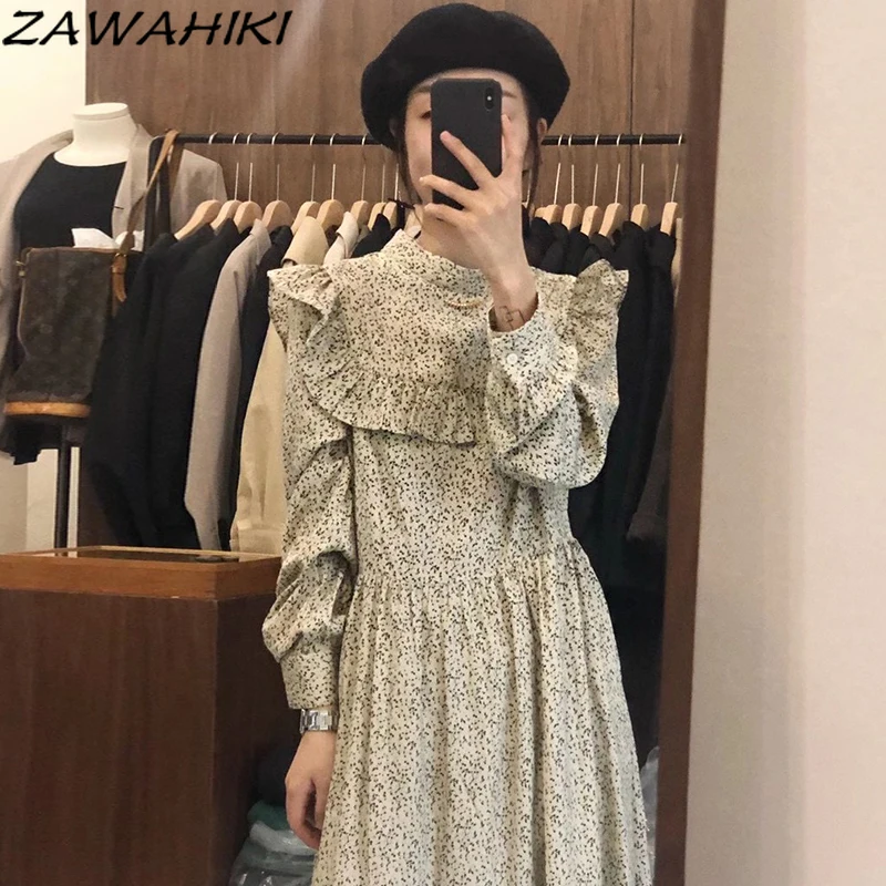 

Zawhiki женские платья с милыми оборками, ТРАПЕЦИЕВИДНОЕ женское платье с воротником-стойкой и цветочным принтом, свободное платье с длинными ...