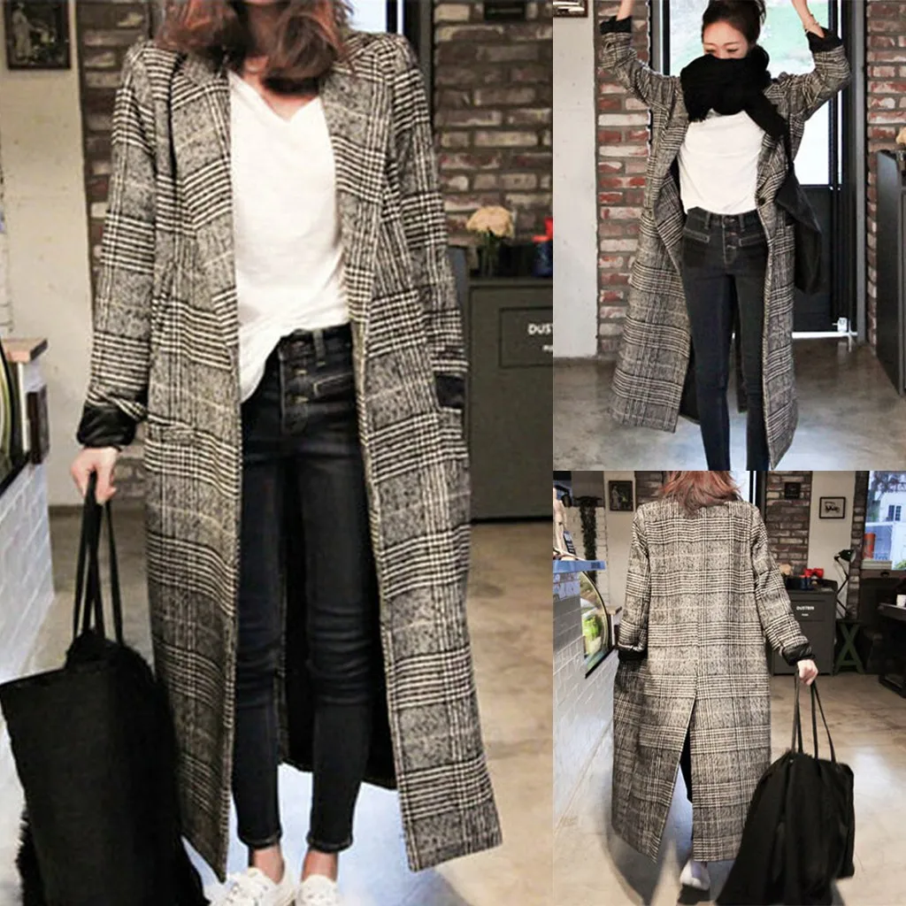 Женское длинное клетчатое пальто SAGACE свободное шерстяное в корейском офисном