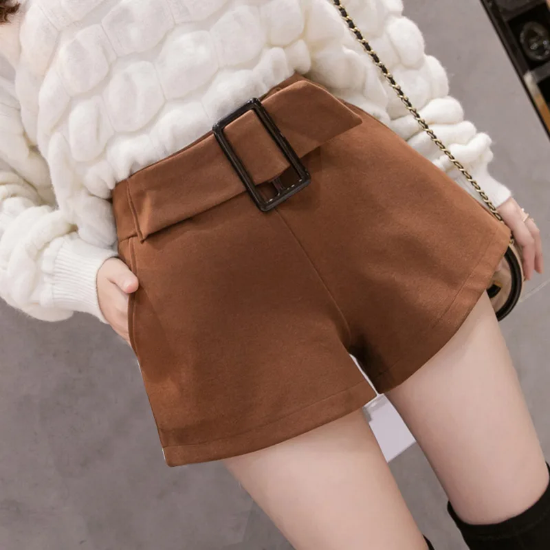 caramel colour 2 Шерстяные шорты с высокой талией, женские осенне-зимние юбки с пуговицами, шорты для девушек размера плюс, асимметричные мини шорты, короткие женские сапоги - Цвет: caramel colour 2