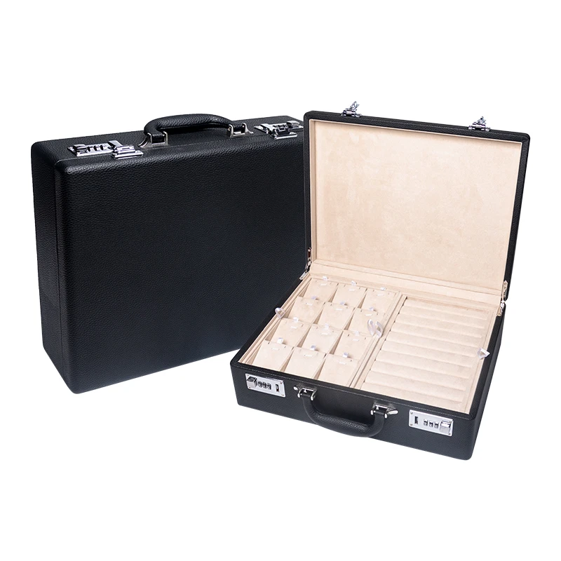 Black PU Leather Jewelry Box Portable Handle With Combination Lock Advanced Storage Jewelry Sales Transportation Protection