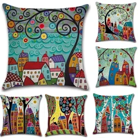 home decoration linen cushion cover hand painted rural retro color city decoration pillow cover car pillow cushion cover