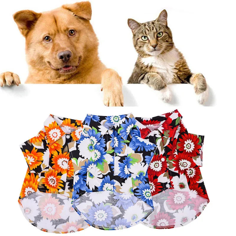 

2021 New Dog Shirt Hawaiian Style Fashion T-Shirts Flowers Printed Dog Shirts Cotton Pet Clothes For Small Medium Dogs Cat