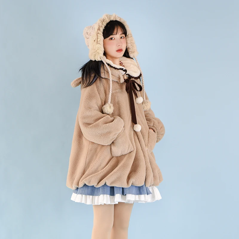 Winter Lolita Kawaii Faux Fur Coat Girls Fluffy Jacket Cute Bear Ear Hooded Plush Overcoat Women Japanese Fashion Warm Outerwear