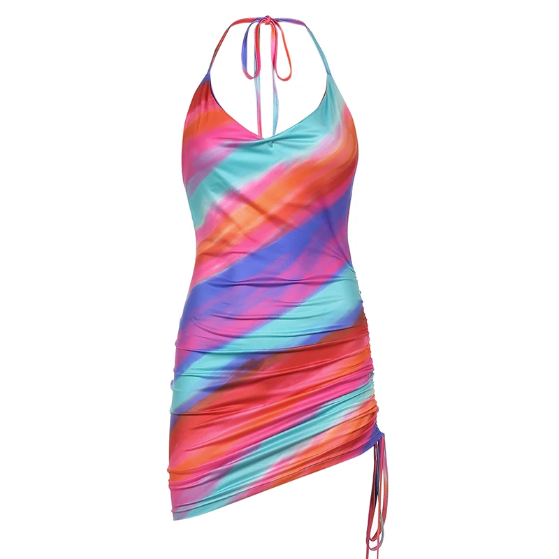 

Halter Backless Striped Colorful Mini Bodycon Dress Clubwear Drawstring Sexy Party Wear Casual Backless Dresses