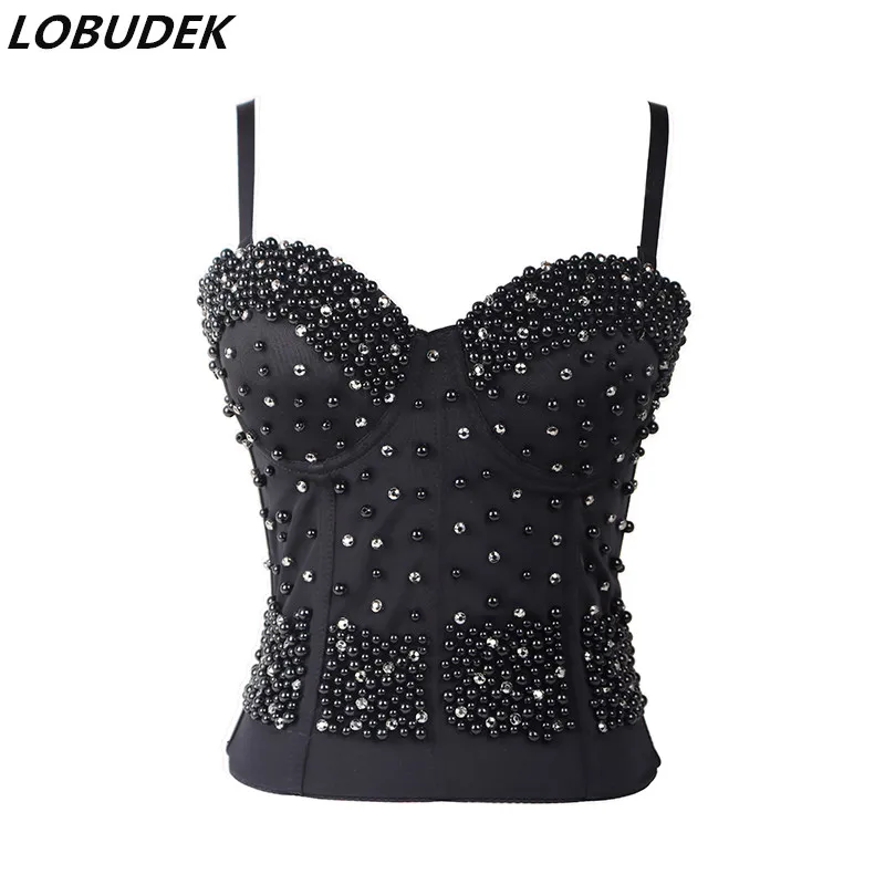 Женский бюстгальтер ручной работы черный блестящий со стразами вечерние Корсеты