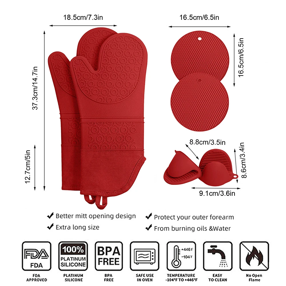 

Non-slip Silicone Oven Gloves Waterproof Heat Resistant Kitchen Gloves Utensil Holders Heat Insulation Table Mats Kit Mittens