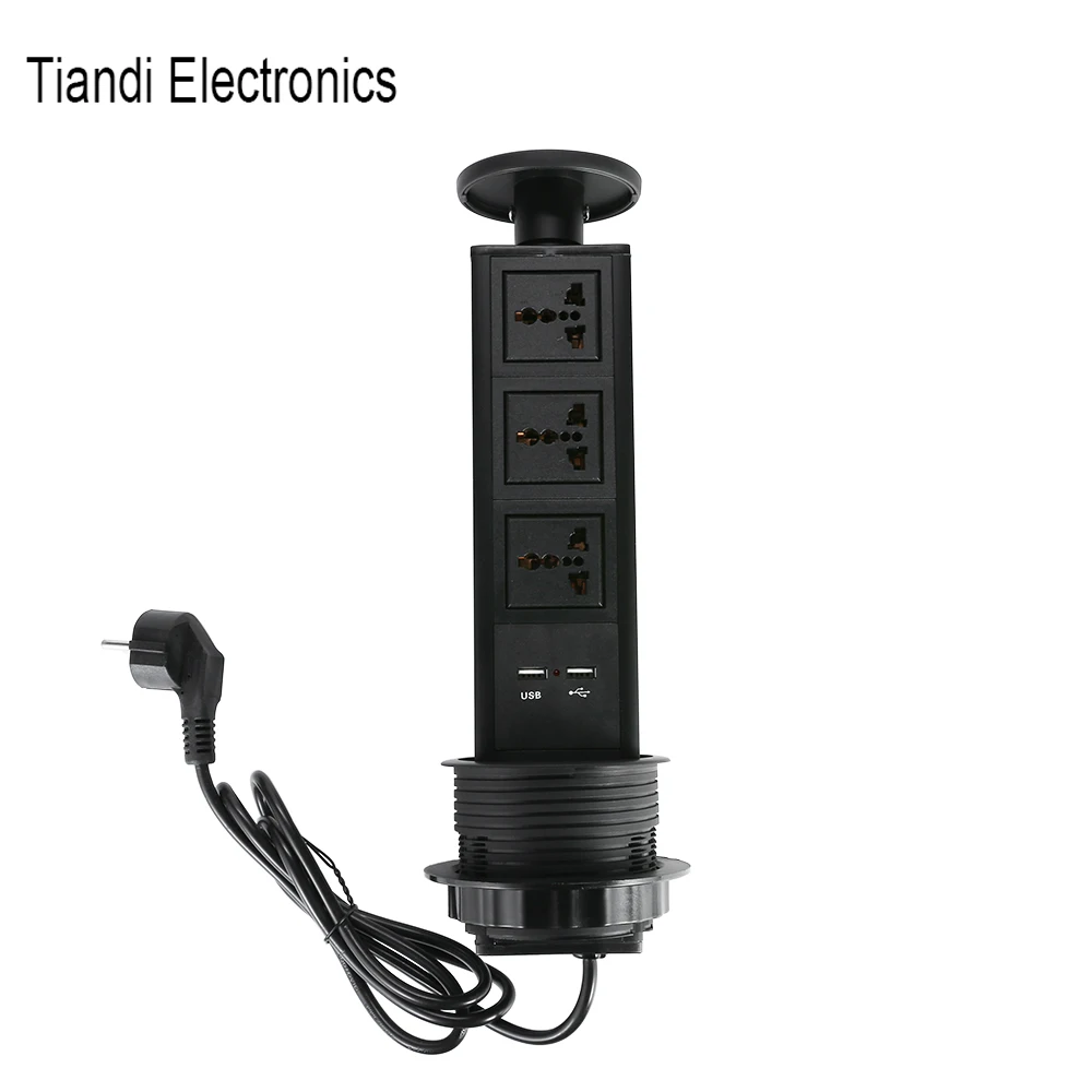 Black Hidden Tower Socket 3-digit Universal Power Pull-out Home Office Outlet Cable Wire EU Plug With USB Charge Can Custom Jack