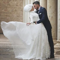 arabic high neck long wedding dresses with sleeves white lace applique bridal dress for wedding party vestidos de novia a line