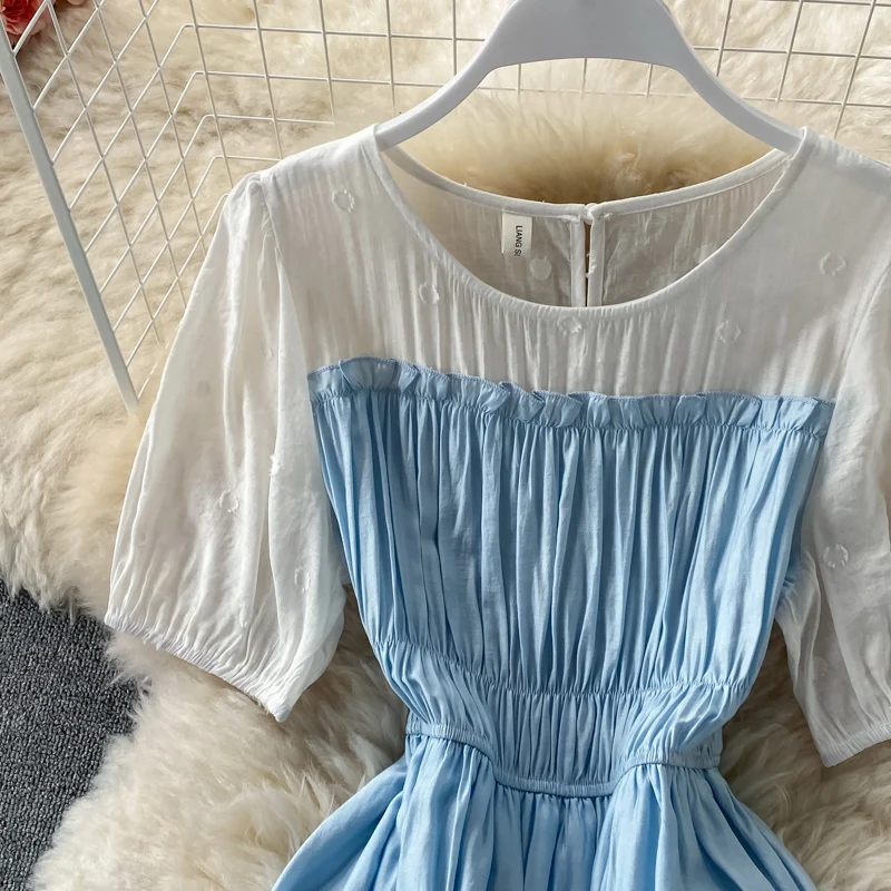 

Fance Macaron Color Fairy Patchwork Dress Sweet Round Neck Short Sleeve Summer Waist Bodycon Dress For Women 2021 Casual Holiday