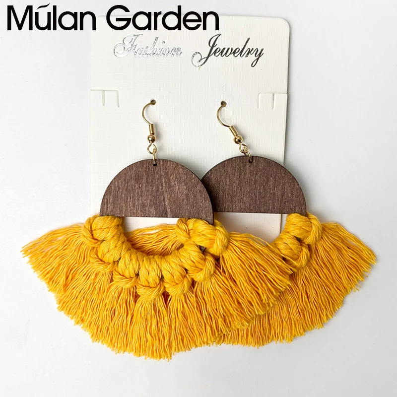 Желтые богемные деревянные серьги ручной работы с кисточками для женщин