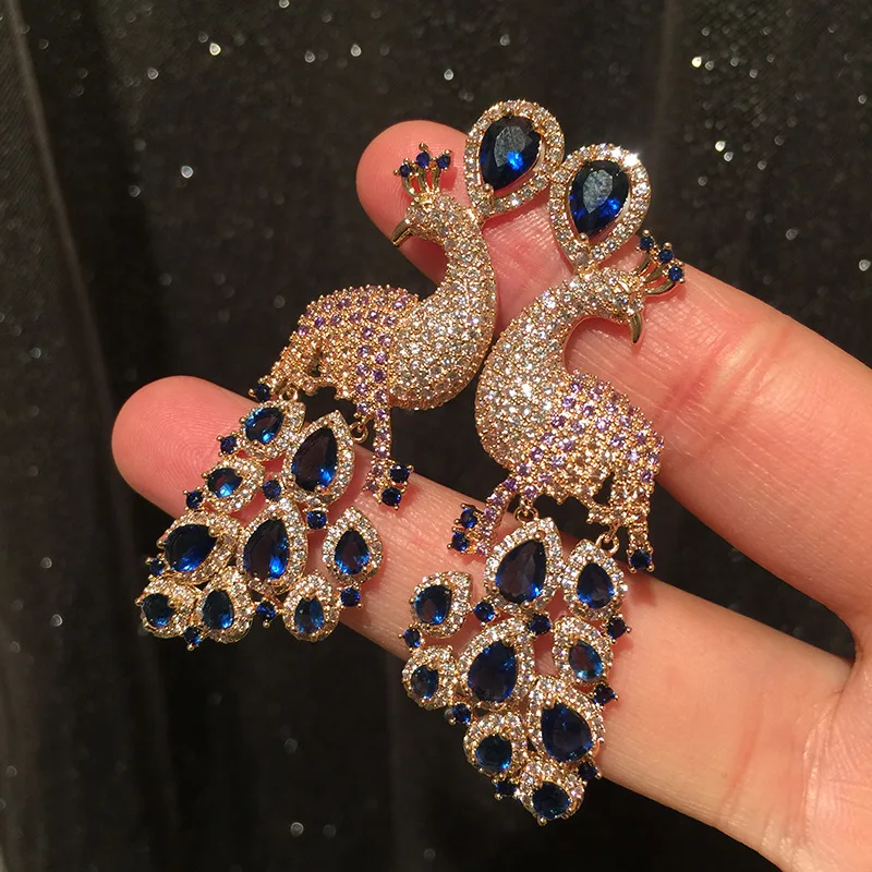 

Peacock earrings S925 needle temperament exaggerated earrings retro elegance tassel blue drop earrings