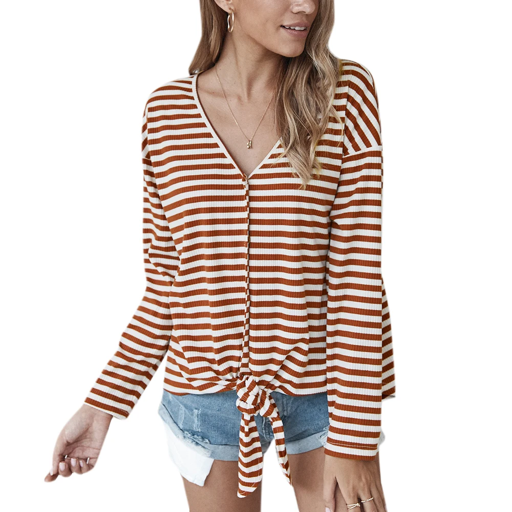 

VICABO Autumn Women Jackets Single Breasted Long Sleeve V-Neck Top Hem Bandage Clothes Stripe Printed Loose Casual Ladies Coats