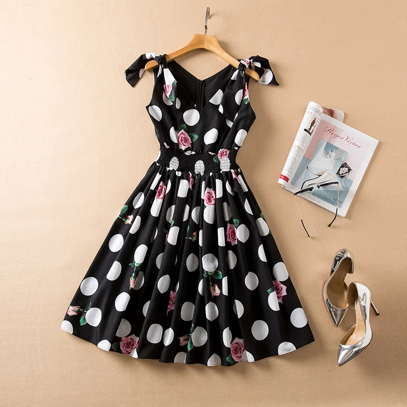 

European and American women's wear spring 2022 new Sleeveless v-neck bow fashion Rose polka dot print pleated dress