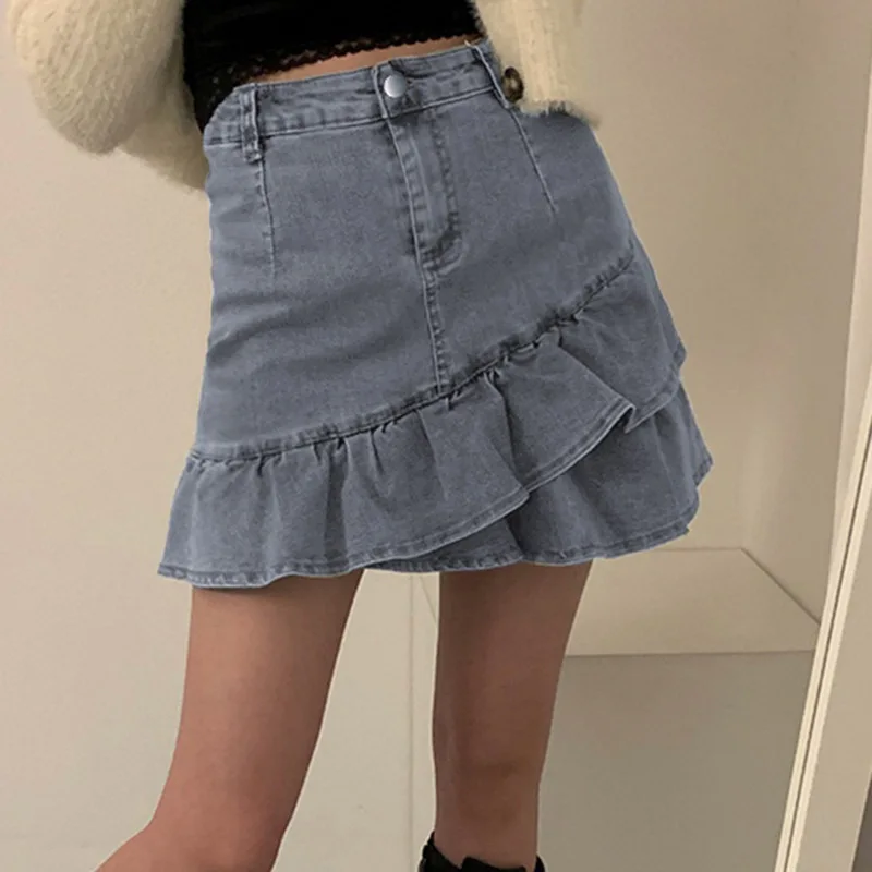 

2021 Niche Personality New Irregular Ruffled Mini Denim Skirt with Lining High Waist Irregular Aesthetic Retro Skinny Sexy Skirt