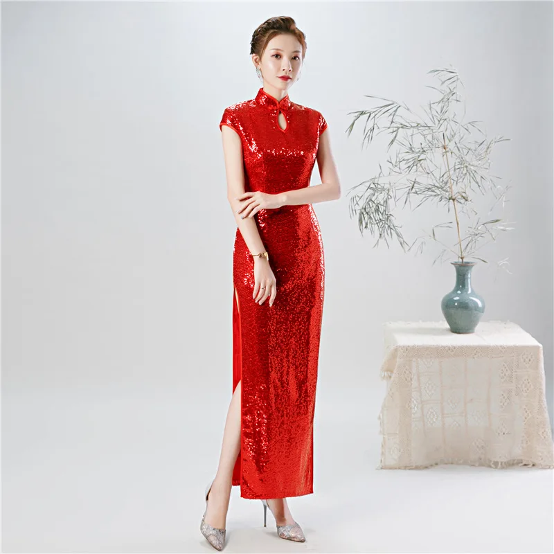 Красное Длинное китайское платье с блестками Cheongsam современное свадебное