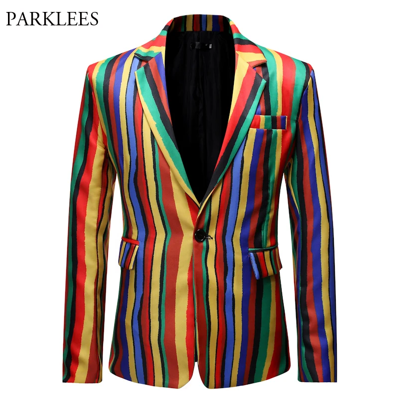 Роскошный Радужный блейзер для мужчин Повседневный Яркий Полосатый мужской