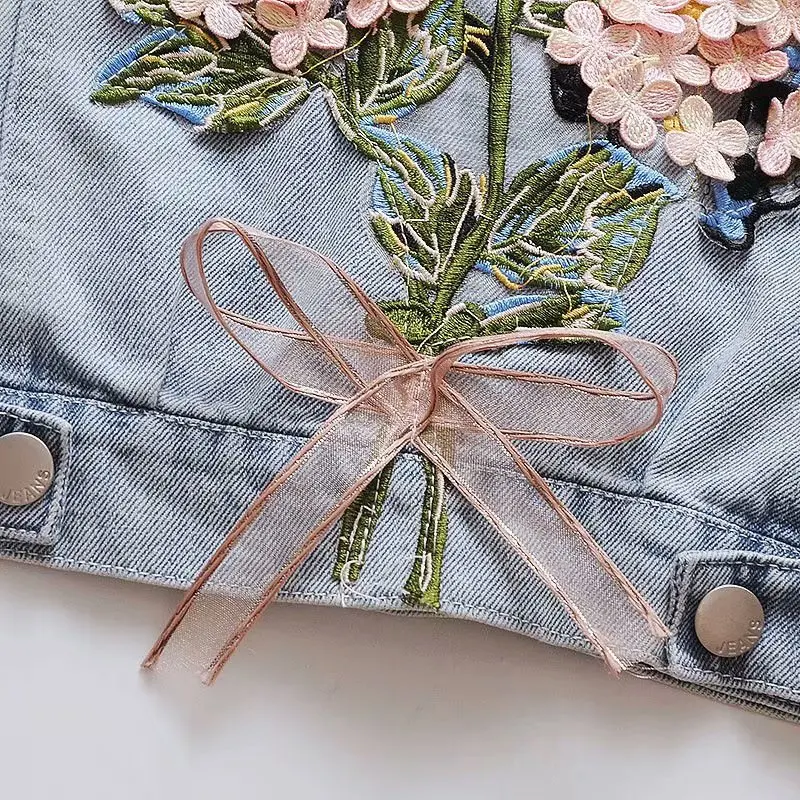 Kids Denim Jackets for Girls Baby Flower Embroidery Coats Spring Autumn Fashion Child Kids Outwear Ripped Jeans Jackets Jean images - 6