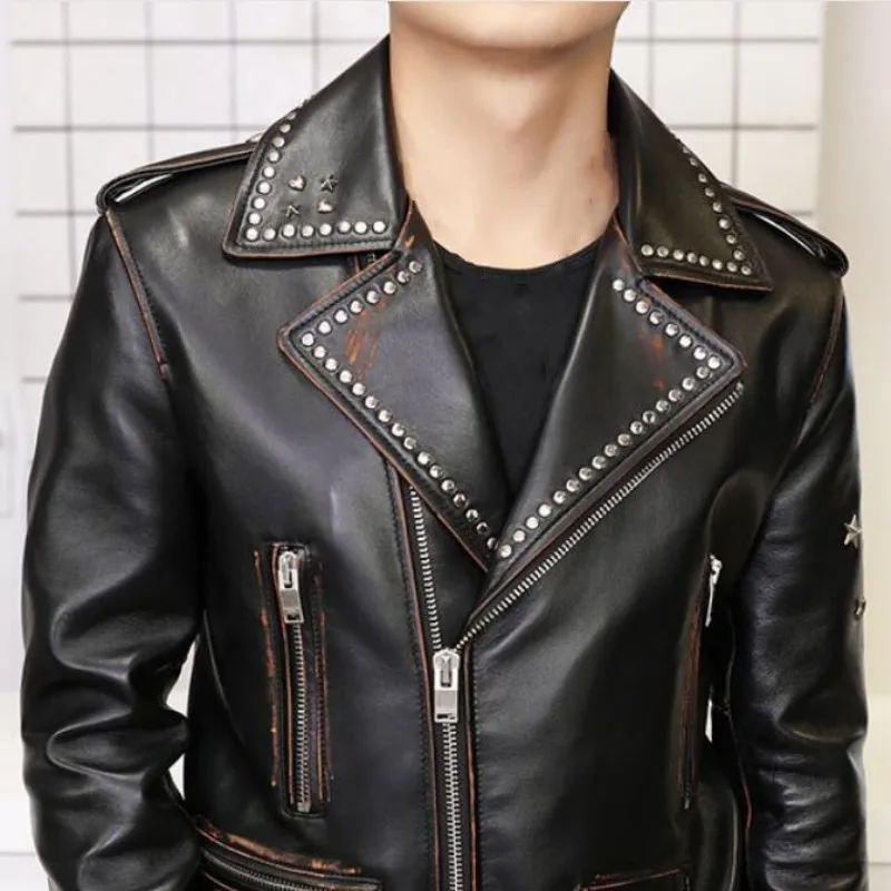 

High Quality Luxury Sheepskin Outerwear Men Punk Zipper Slim Fit Genuine Leather Coat Vintage Rivet Black Biker Jacket Male 2XL